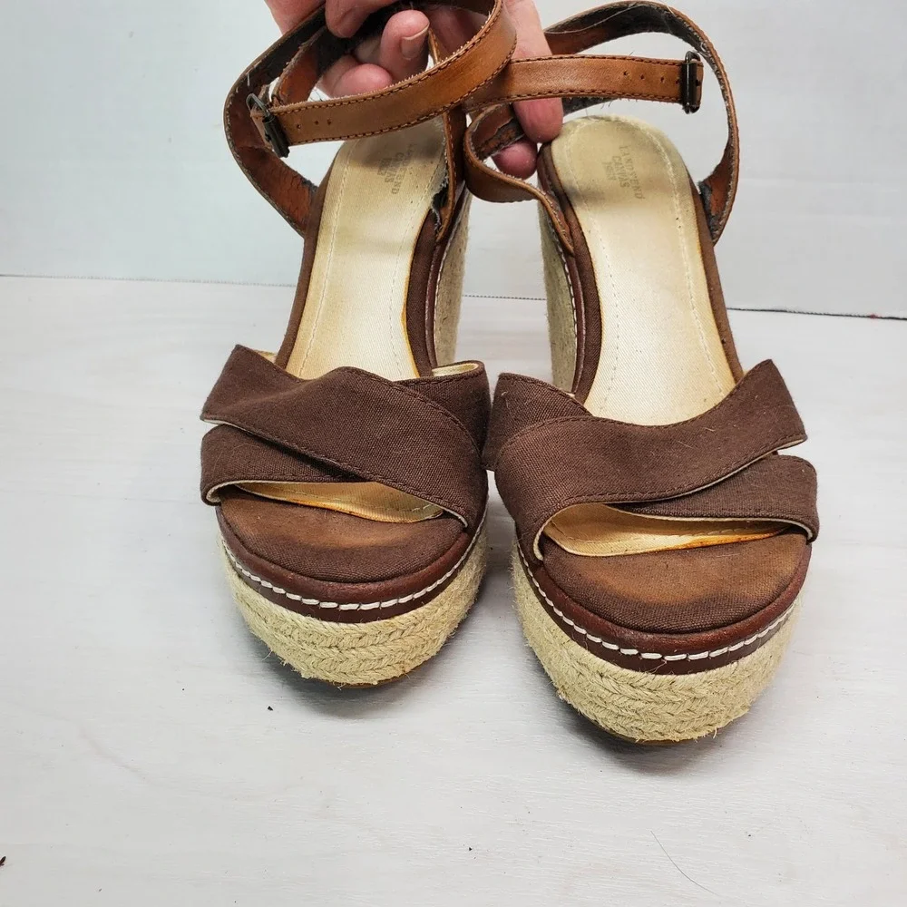 Lands End Canvas 1963 Brown Espradille Sandals Open Toe Wedge Heel Size 8 B